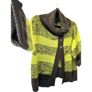 JEnvie NY Cardigan XL Wool Blend Brown Chartreuse Cowl Neck 3/4 Sleeve Sweater